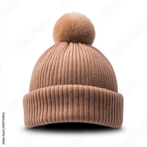 A cozy knitted winter hat with a fluffy pom-pom on top, perfect for capturing the essence of winter fashion, Ideal for use in clothing advertisements, lifestyle blogs, and seasonal promotions, photo