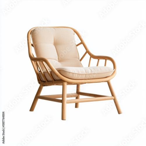 A stylish rattan chair featuring a soft cushion, perfect for modern and minimalist interior designs, Ideal for home decor, cafes, or outdoor spaces, adding a touch of comfort and elegance,