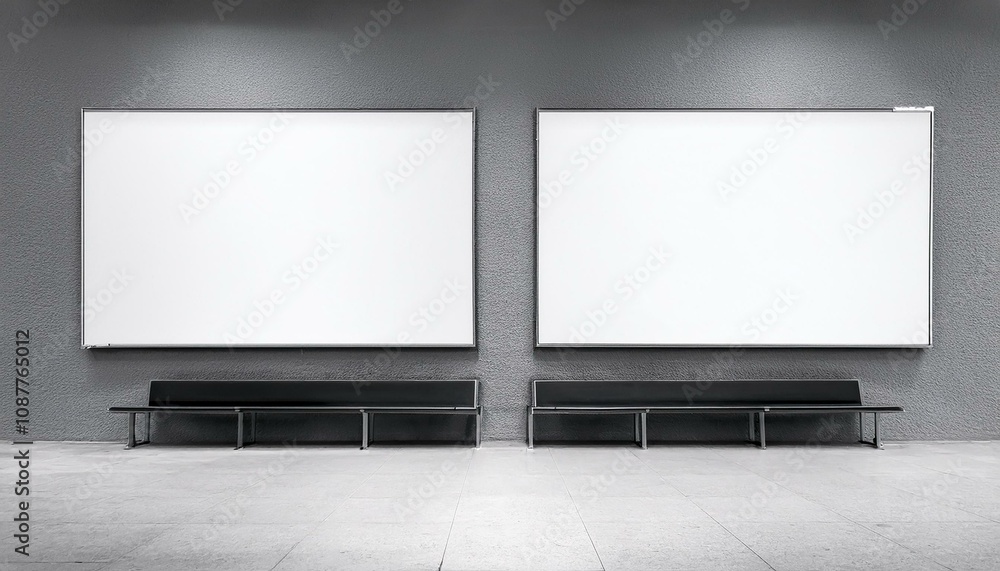 Two blank white bright partitions with space for advertising poster or marketing campaign in industrial gallery hall with black benches on concrete floor and grey wall background. 3D rendering, mockup Two blank white bright partitions with space for advertising poster or marketing campaign in industrial gallery hall with black benches on concrete floor and grey wall background. 3D rendering, mockup