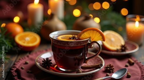 A cozy scene with a festive cup of mulled wine garnished with orange slices and spices, surrounded by candles and holiday decor
