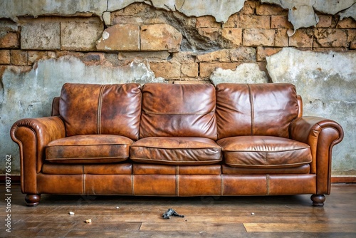 Damaged leather sofa with cracked texture