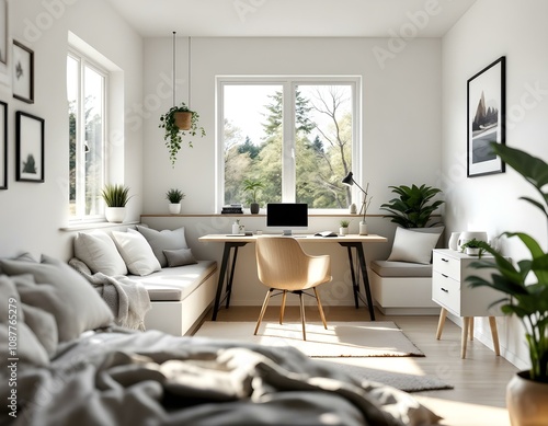 cozy aesthetic room with a big window and a lot light