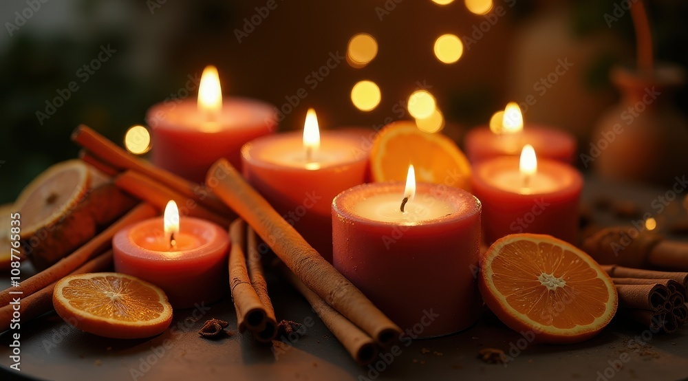 Red Christmas candles surrounded by festive greenery and berries for a warm holiday feel Red Christmas candles surrounded by festive greenery and berries for a warm holiday feel