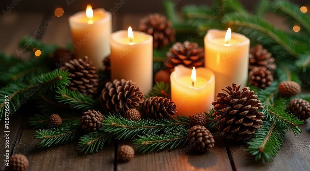 Lit candles nestled among pine branches and cones create a cozy, festive atmosphere on a wooden table Lit candles nestled among pine branches and cones create a cozy, festive atmosphere on a wooden table