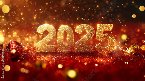 Golden glittering numbers '2025' shine brightly on a radiant red backdrop, surrounded by luminous particles and festive embellishments