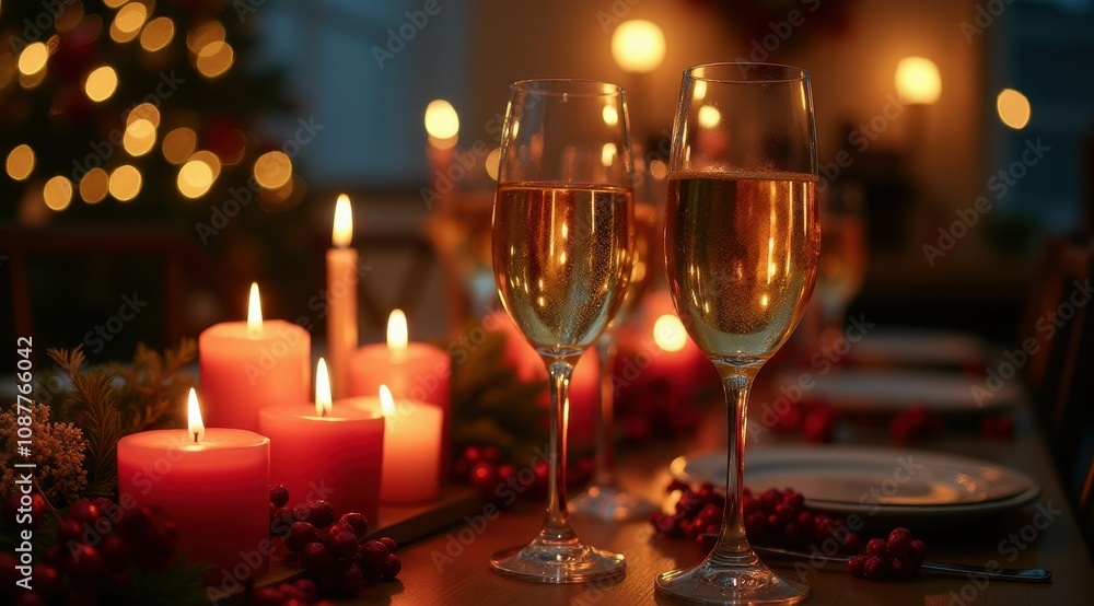 Festive table setting with lit candles and glasses of champagne, creating a warm, holiday ambiance with blurred sparkling lights in the background Festive table setting with lit candles and glasses of champagne, creating a warm, holiday ambiance with blurred sparkling lights in the background