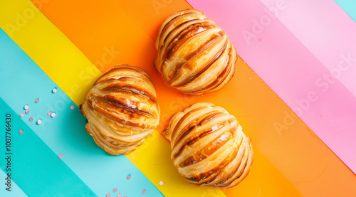 Mexican sweet pastries concha puerquito ojo de buey on a colorful background photo