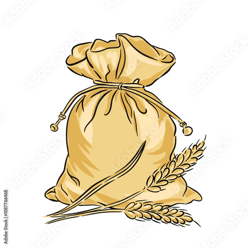 The burlap sack is tied at the top, resting next to several golden wheat stalks.