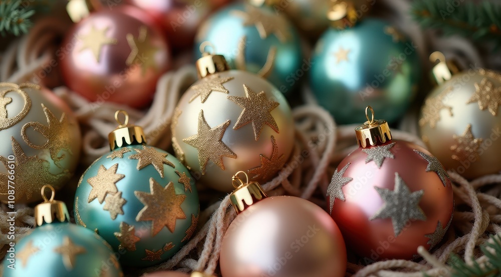 Festive Christmas ornaments with gold star patterns in pastel colors nestled among cozy, natural textures, perfect for holiday decoration inspiration Festive Christmas ornaments with gold star patterns in pastel colors nestled among cozy, natural textures, perfect for holiday decoration inspiration