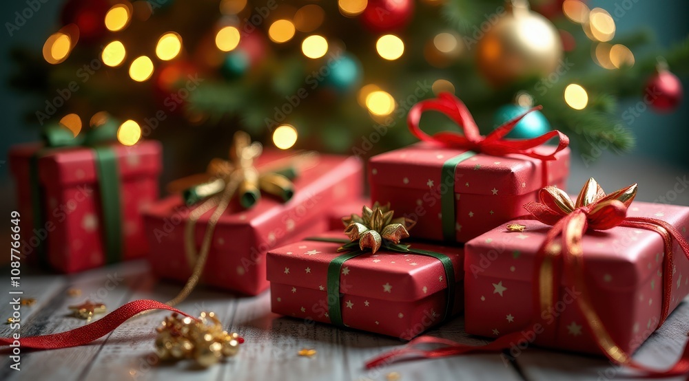 Festive red gift boxes with golden ribbons are beautifully arranged under a glowing Christmas tree, creating a warm holiday ambiance Festive red gift boxes with golden ribbons are beautifully arranged under a glowing Christmas tree, creating a warm holiday ambiance