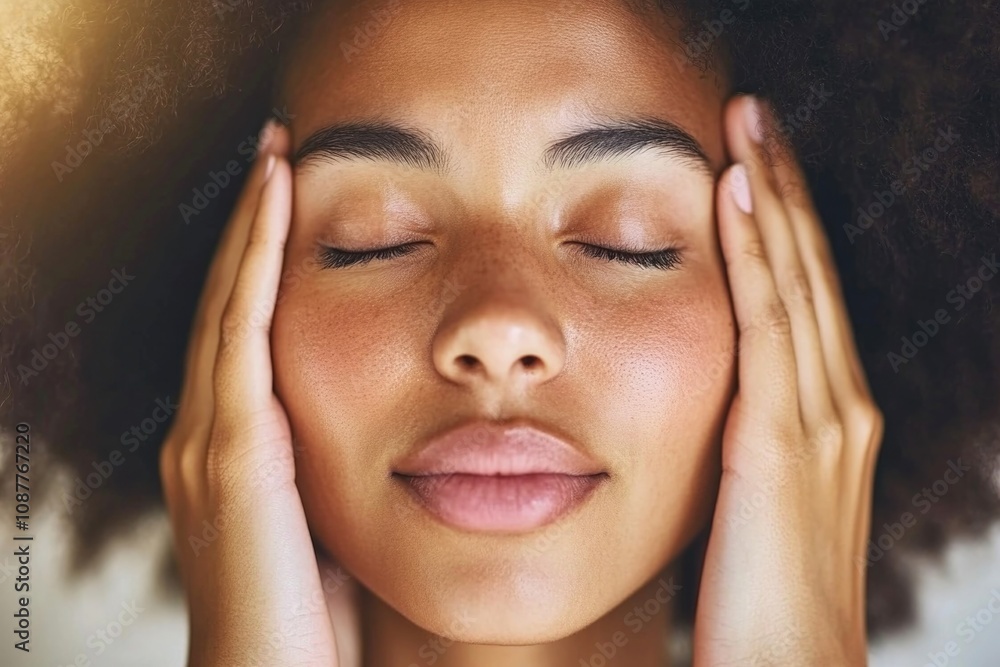 Calm young african female with closed eyes enjoying tranquility Calm young african female with closed eyes enjoying tranquility