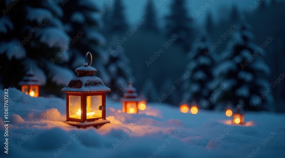 Snow-covered lanterns glow warmly against a backdrop of snowy trees, creating a serene winter evening scene Snow-covered lanterns glow warmly against a backdrop of snowy trees, creating a serene winter evening scene