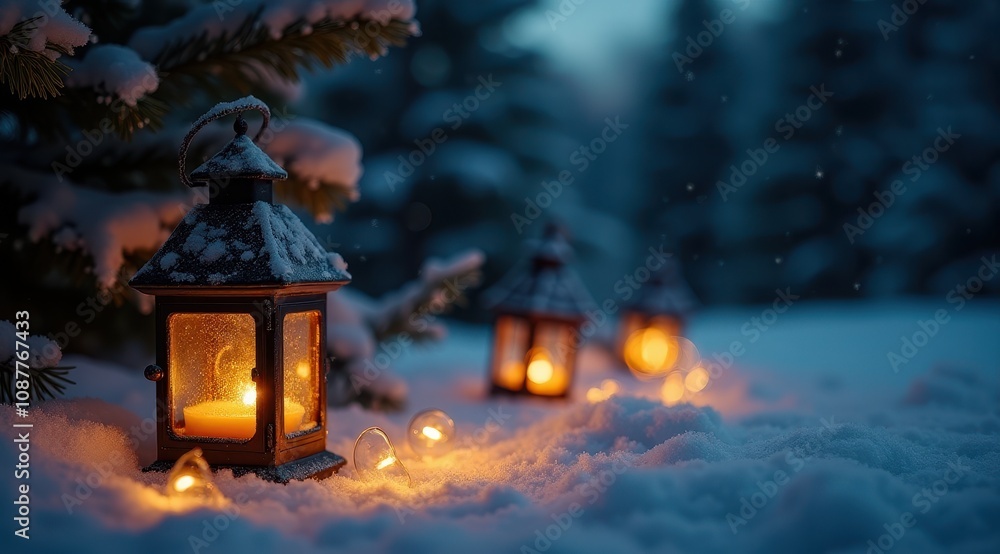 A snow-covered lantern glows warmly in a serene winter forest, casting soft light on surrounding snowflakes A snow-covered lantern glows warmly in a serene winter forest, casting soft light on surrounding snowflakes