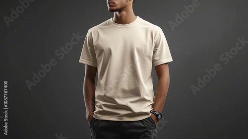Beige T Shirt Mockup  Casual Men s Apparel  Fashion Design Template