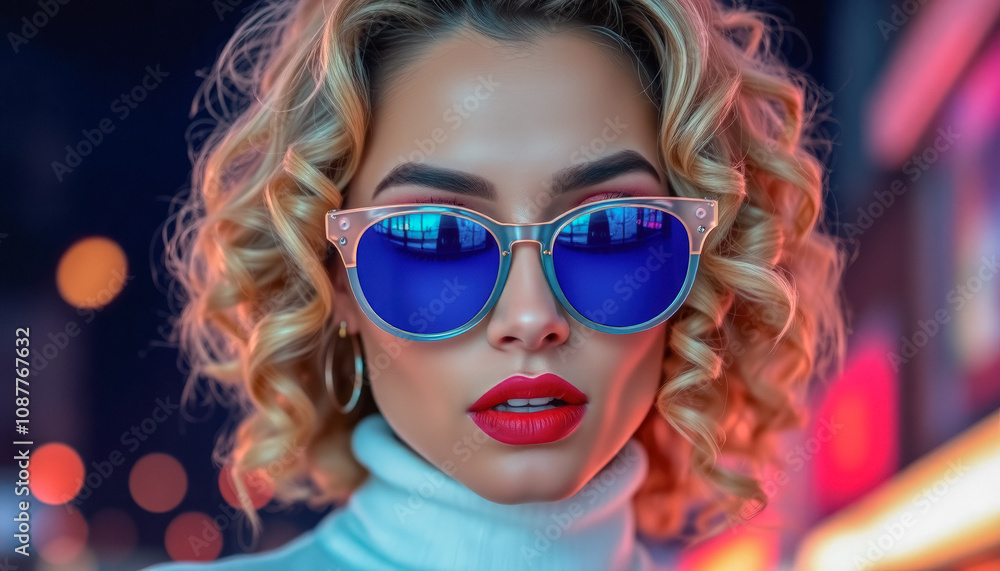 Stylish young woman with long curly blonde hair in white turtleneck and blue sunglasses looking at camera with bright makeup and barely noticeable smile on blurred background Stylish young woman with long curly blonde hair in white turtleneck and blue sunglasses looking at camera with bright makeup and barely noticeable smile on blurred background
