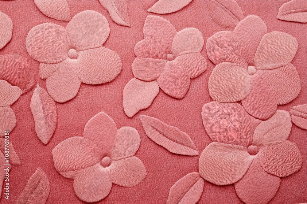 Obraz premium Luxurious deep red fabric featuring embroidered floral patterns in warm pink tones for elegant decor purposes