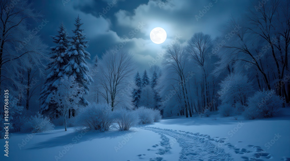 A peaceful snowy path illuminated by the full moon, surrounded by bare winter trees in a tranquil setting A peaceful snowy path illuminated by the full moon, surrounded by bare winter trees in a tranquil setting
