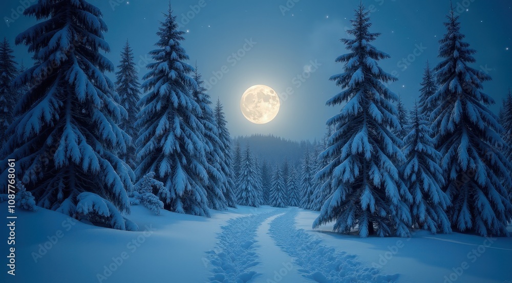 Fototapeta premium A peaceful snowy path illuminated by the full moon, surrounded by bare winter trees in a tranquil setting