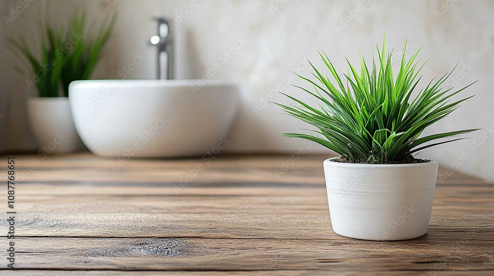 A serene bathroom scene featuring potted plants on a wooden countertop. A serene bathroom scene featuring potted plants on a wooden countertop.