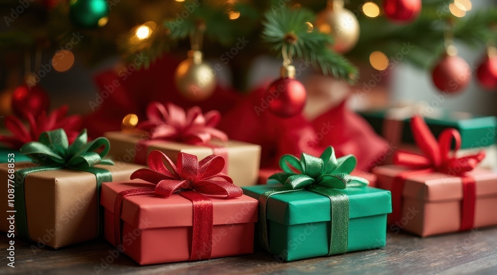 Brightly wrapped Christmas gifts with vibrant bows sit under a festive tree adorned with glowing lights and shimmering ornaments, evoking holiday cheer Brightly wrapped Christmas gifts with vibrant bows sit under a festive tree adorned with glowing lights and shimmering ornaments, evoking holiday cheer