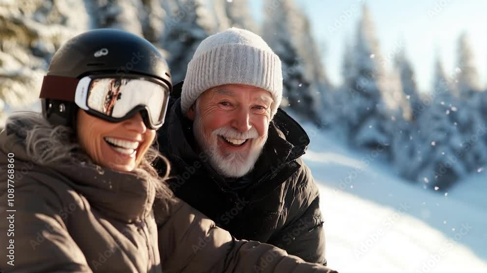 Senior Couple Enjoying a Fun Skiing Adventure at Ski Resort in Snowy Landscape with Warm Smiles and Winter Gear. Video Made Using Generative AI Senior Couple Enjoying a Fun Skiing Adventure at Ski Resort in Snowy Landscape with Warm Smiles and Winter Gear. Video Made Using Generative AI