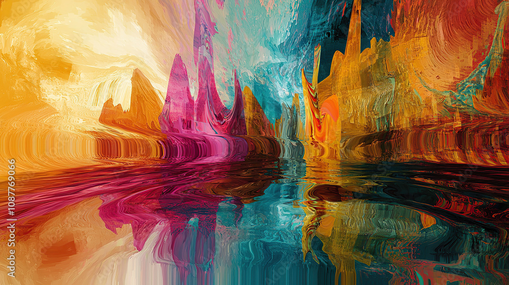 Fototapeta premium art, animal, water, design, fish, illustration, painting, pattern, snake, nature, color, cat, colorful, paint, in a dreamscape the surface reflects the early mor, untry, generative ai, landscape, arch