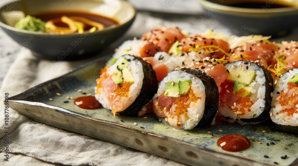 A mouthwatering sushi burrito spread with options like spicy tuna, salmon avocado A mouthwatering sushi burrito spread with options like spicy tuna, salmon avocado