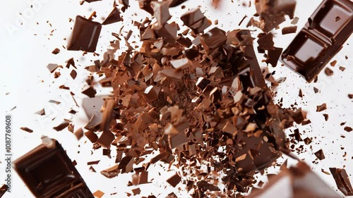 Chocolate bar pieces in chocolate splash on a white background