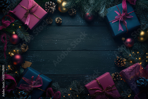 Dark and Festive Christmas Gift Arrangement on dark browen wooden ground with space for text photo