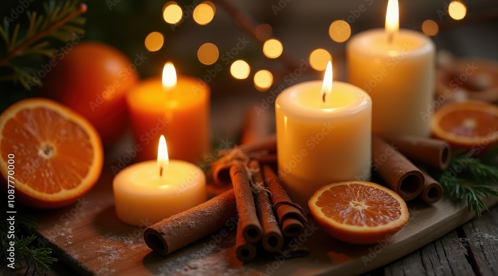 Warm candlelight illuminates fresh oranges and cinnamon sticks on a rustic table, creating a cozy and inviting ambiance with a touch of festivity Warm candlelight illuminates fresh oranges and cinnamon sticks on a rustic table, creating a cozy and inviting ambiance with a touch of festivity