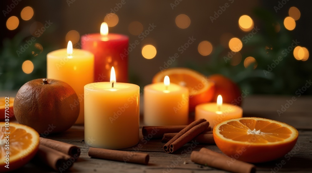 Warm candlelight illuminates cinnamon sticks and oranges on a rustic wooden table, creating a cozy, inviting ambiance Warm candlelight illuminates cinnamon sticks and oranges on a rustic wooden table, creating a cozy, inviting ambiance