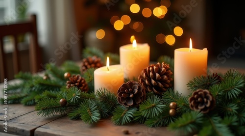 Three glowing candles surrounded by pine branches and pinecones create a warm, festive atmosphere with blurred holiday lights in the background