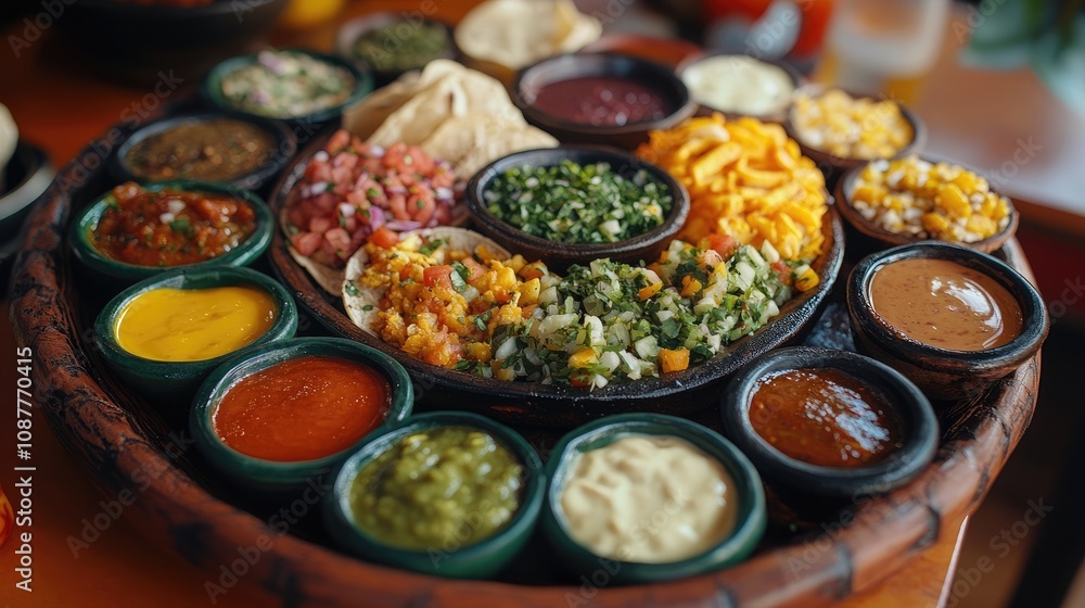 A colorful taco platter with an array of toppings and sauces. A colorful taco platter with an array of toppings and sauces.