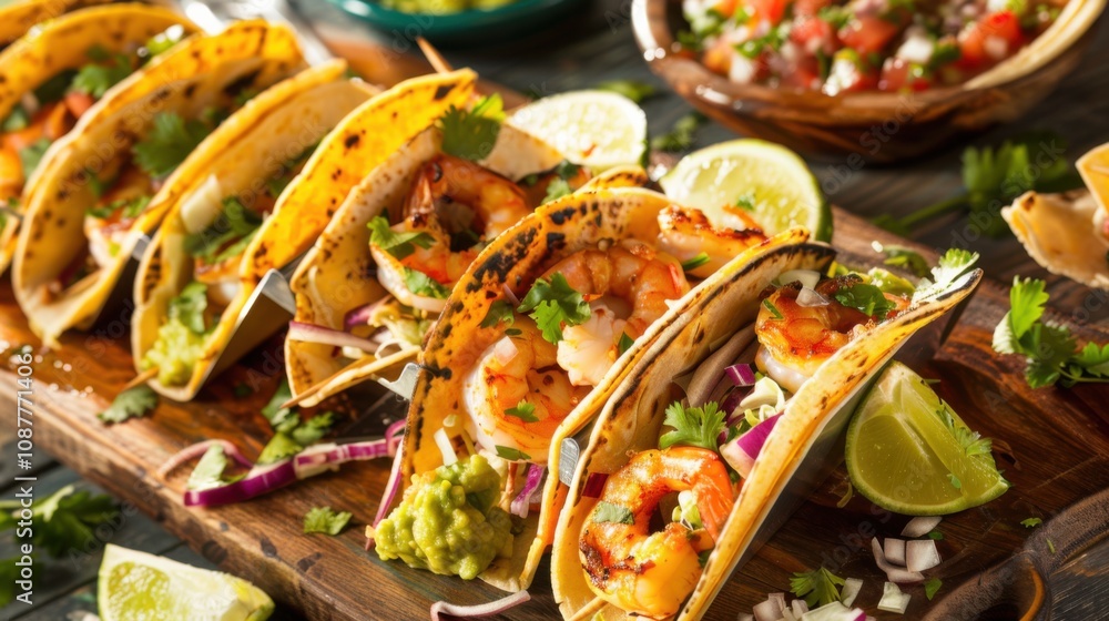 A mouthwatering taco bar featuring a variety of fillings such as grilled shrimp, carne asada A mouthwatering taco bar featuring a variety of fillings such as grilled shrimp, carne asada