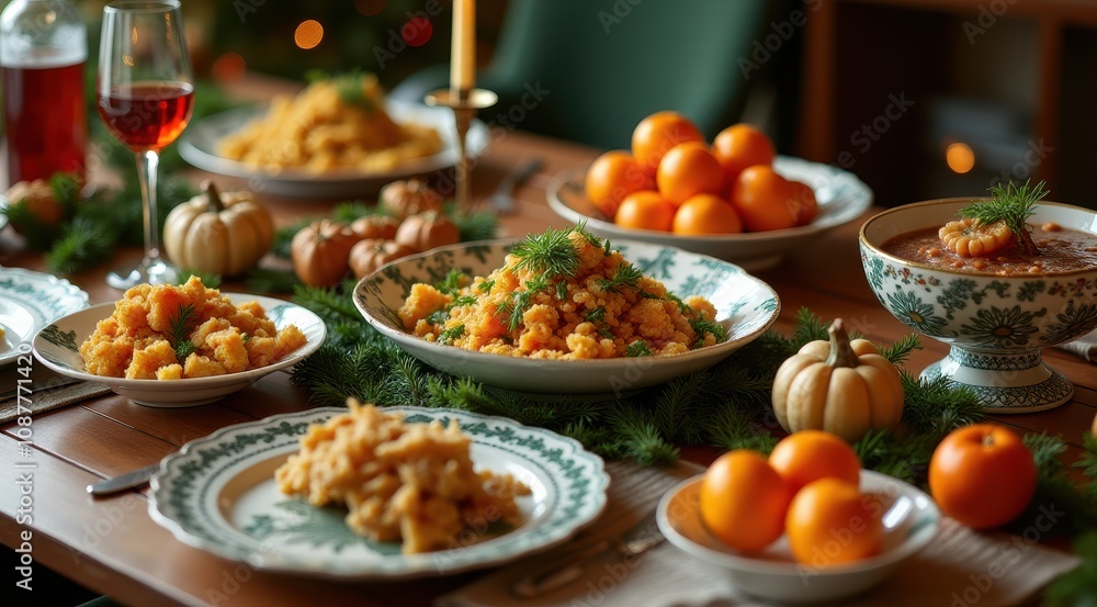 Festive holiday table setting with vibrant orange dishes, small pumpkins, and evergreen decorations, creating a warm and inviting dining experience Festive holiday table setting with vibrant orange dishes, small pumpkins, and evergreen decorations, creating a warm and inviting dining experience