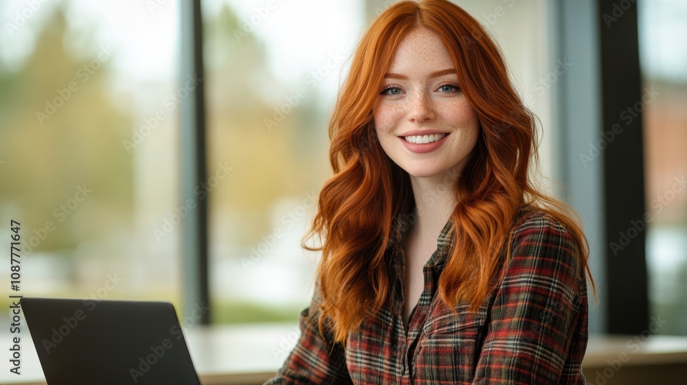 The Woman with Laptop Smiling The Woman with Laptop Smiling