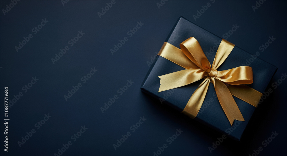 Dark blue gift box with gold ribbon on dark background. Festive concept for Birthday, holiday or Christmas present with copy space. Dark blue gift box with gold ribbon on dark background. Festive concept for Birthday, holiday or Christmas present with copy space.