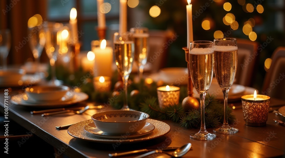 Elegant holiday dining table beautifully set with sparkling champagne glasses, glowing candles, and festive decorations, creating a warm and inviting ambiance Elegant holiday dining table beautifully set with sparkling champagne glasses, glowing candles, and festive decorations, creating a warm and inviting ambiance