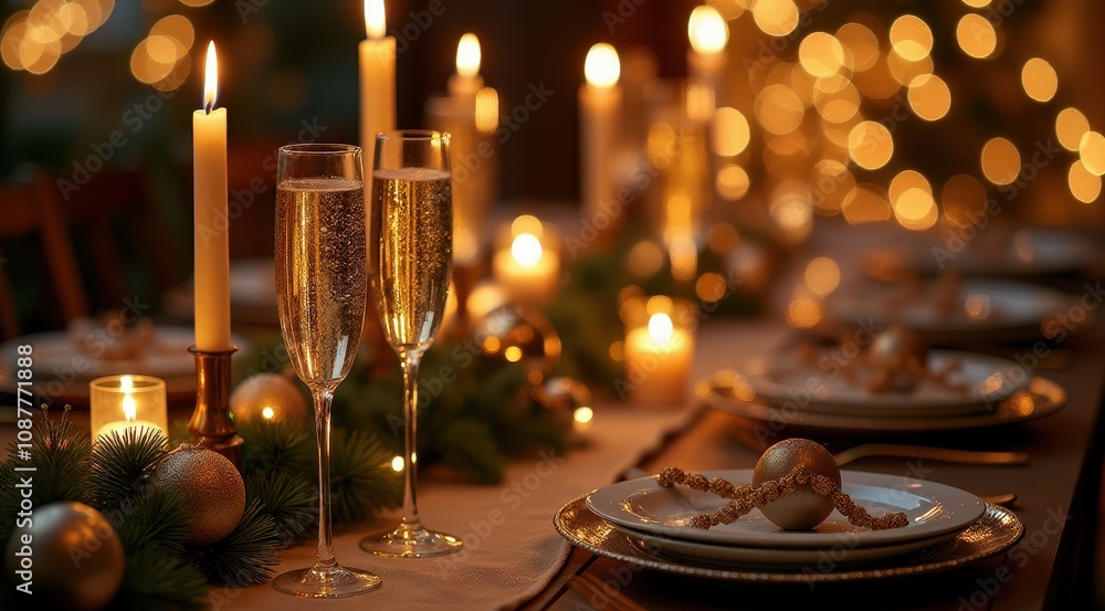 Fototapeta premium Elegant holiday table setting with champagne flutes, candles, and festive decorations aglow in warm candlelight, creating a cozy and celebratory atmosphere