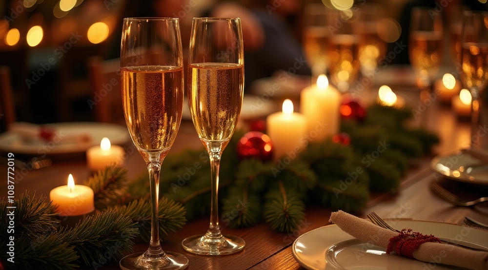 Festive holiday table setting with champagne glasses, candlelight, and seasonal decorations creating a warm, elegant atmosphere Festive holiday table setting with champagne glasses, candlelight, and seasonal decorations creating a warm, elegant atmosphere