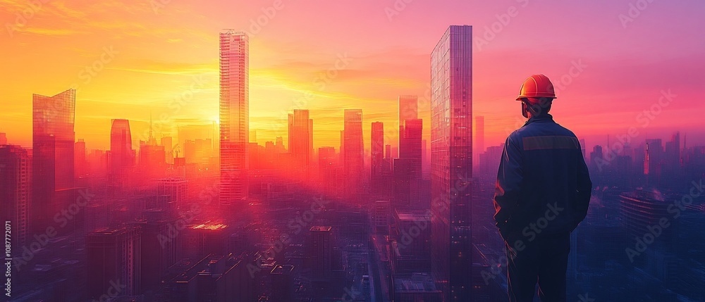 A construction worker gazes at a vibrant sunset over a city skyline with modern buildings. A construction worker gazes at a vibrant sunset over a city skyline with modern buildings.
