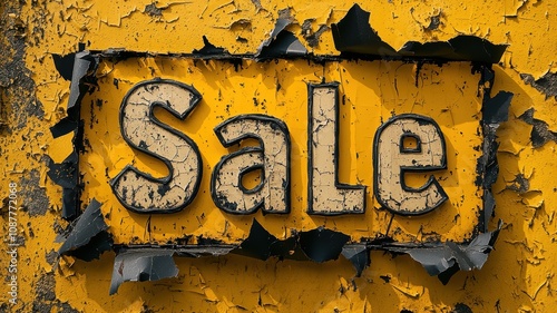 Bold sale announcement urban setting grunge signage weathered environment close-up view eye-catching concept for marketing impact