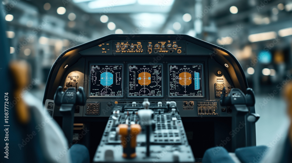 Cockpit interior of a modern aircraft featuring multiple digital screens, controls, and instruments in a blurred airport terminal background. Cockpit interior of a modern aircraft featuring multiple digital screens, controls, and instruments in a blurred airport terminal background.