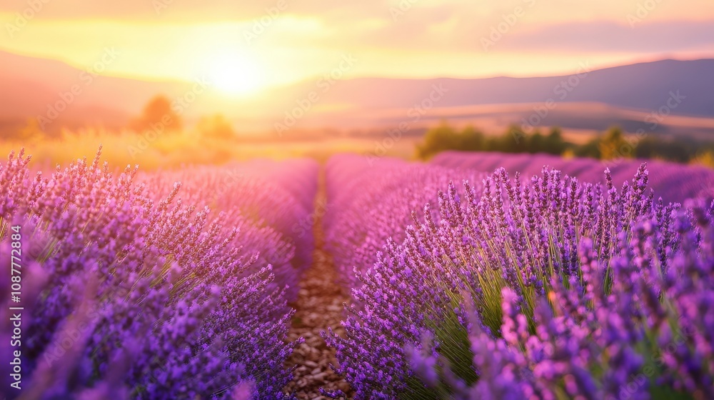 Obraz premium Lavender Field at Sunset with Sunbeams Shining Through