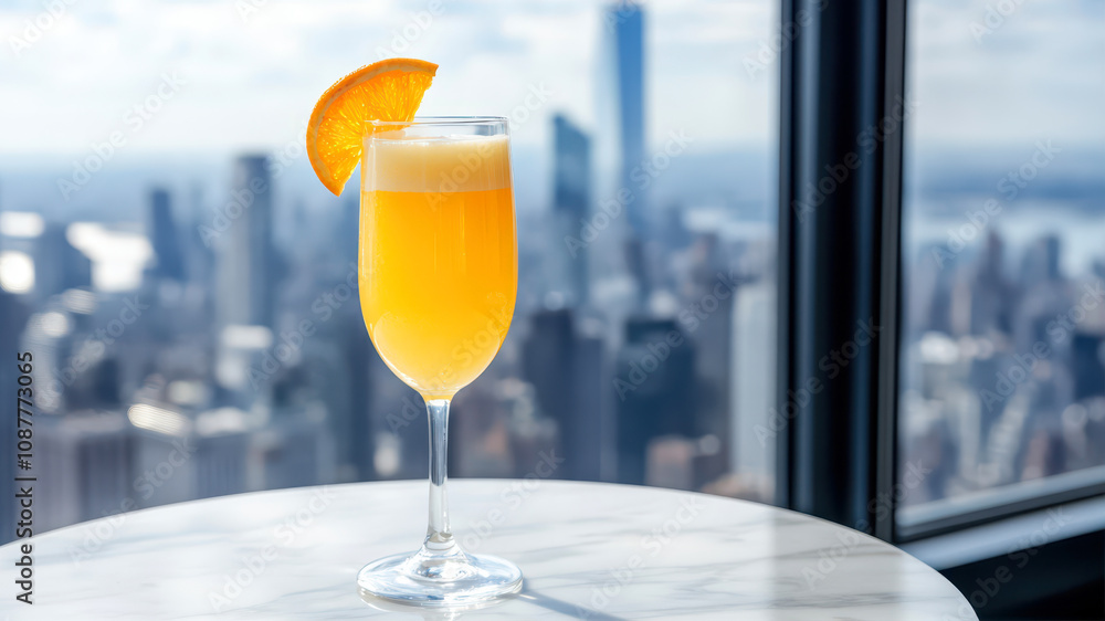 A Refreshing Mimosa Sits on a Marble Table With a Stunning City Skyline in the Background A Refreshing Mimosa Sits on a Marble Table With a Stunning City Skyline in the Background