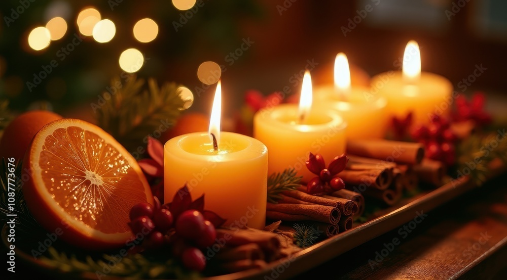 Warmly glowing candles surrounded by oranges, cinnamon sticks, and festive red berries create a cozy, aromatic holiday ambiance Warmly glowing candles surrounded by oranges, cinnamon sticks, and festive red berries create a cozy, aromatic holiday ambiance