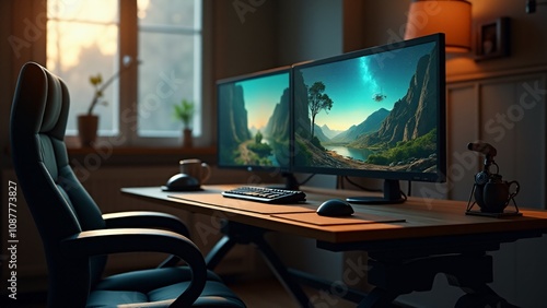 Wallpaper Mural A cozy home office setup featuring a sleek computer monitor displaying a serene mountain landscape. The desk is adorned with a lamp, plants, and accessories, creating a productive and inviting workspa Torontodigital.ca