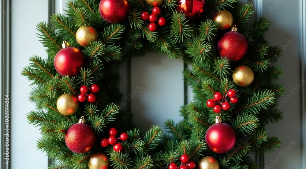 A Christmas wreath decorated with red berries and gold ornaments, creating a traditional holiday display A Christmas wreath decorated with red berries and gold ornaments, creating a traditional holiday display