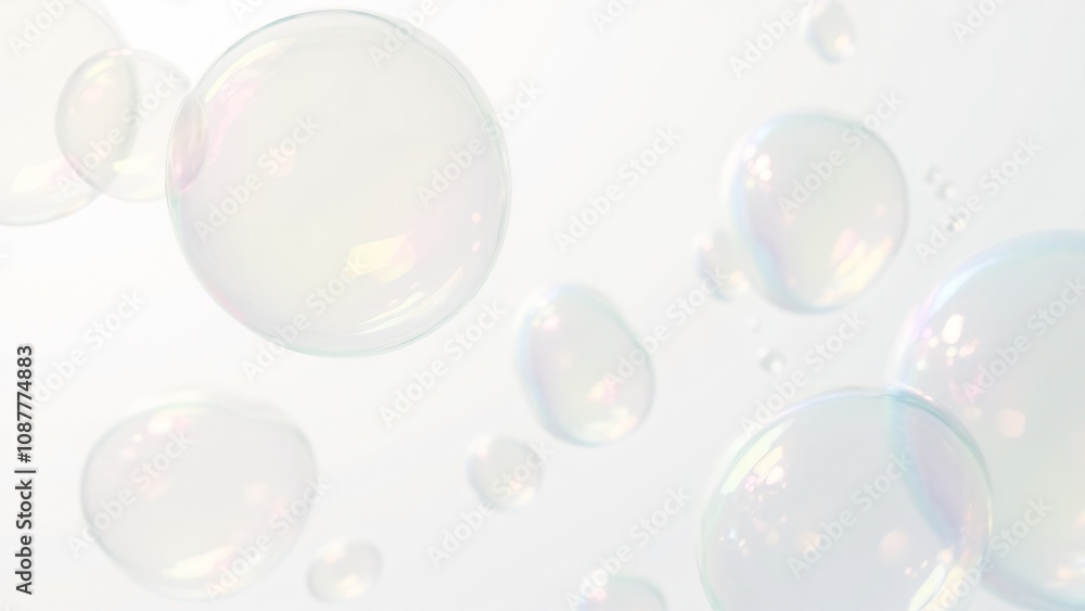 Close-up of colorful, translucent soap bubbles with iridescent reflections floating against a bright white background. Perfect for themes of purity, playfulness, and lightness. Ideal for creative, abs Close-up of colorful, translucent soap bubbles with iridescent reflections floating against a bright white background. Perfect for themes of purity, playfulness, and lightness. Ideal for creative, abs