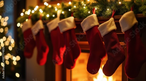 A cozy holiday scene with stockings hanging on a fireplace mantle, surrounded by festive decorations